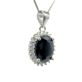 Sølv anheng med stor oval svart krystall sort halskjede
