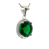 Sølv anheng med stor rund grønn krystall halskjede safir zirkonia emerald smaragd